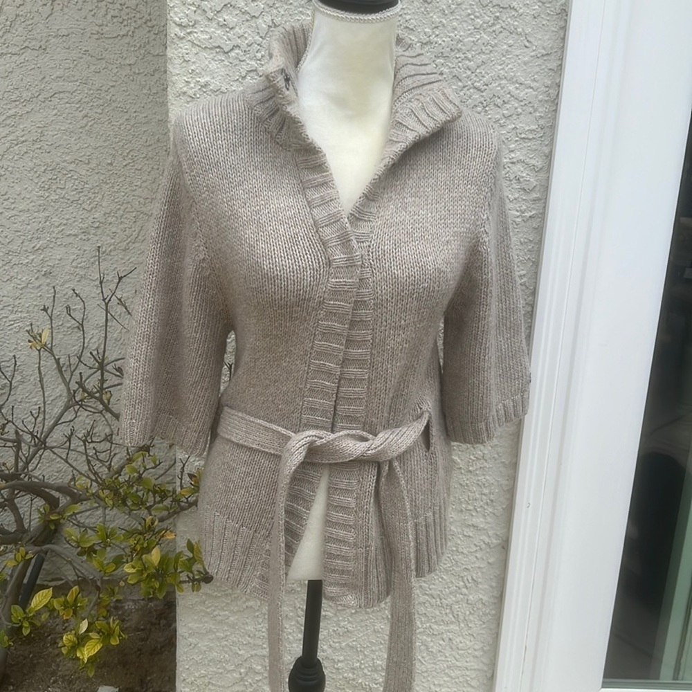Lole Beige 3/4 Sleeve Front Tie Lambswool Blend Cardigan Sweater Women's Size XS
